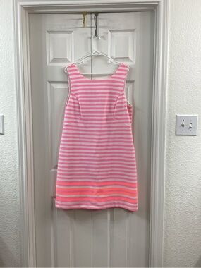 Lilly Pulitzer Pink Striped Sleeveless Cotton Dress with Neon Coral Hem